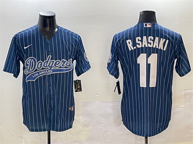 Men's Los Angeles Dodgers #11 Roki Sasaki Navy With Patch Cool Base Stitched Baseball Jersey